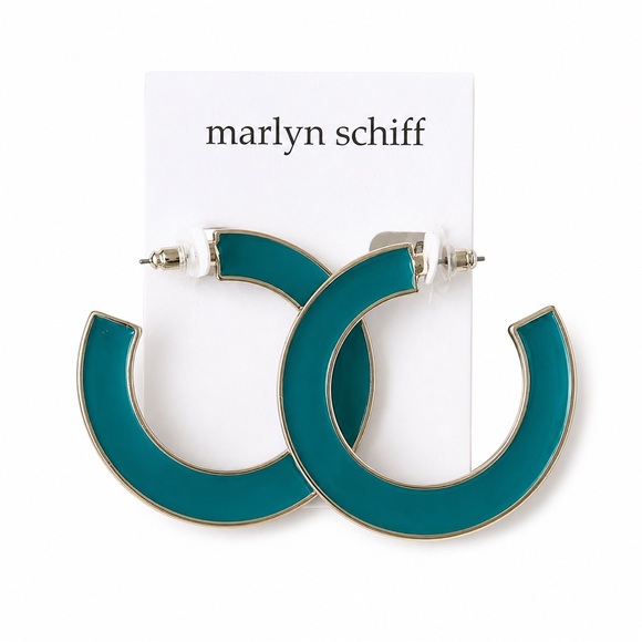Marlyn Schiff Jewelry - Marlyn Schiff Teal Enamel Hoop Earrings Gold Tone Statement Hoops NWT